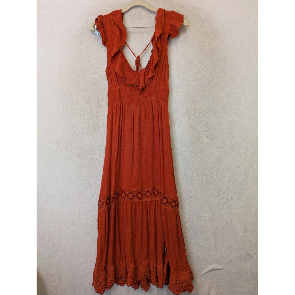 SHEIN Maxi Dress Women's S Orange Ruffle Crochet Lace Swiss Dot Boho Tassel Back